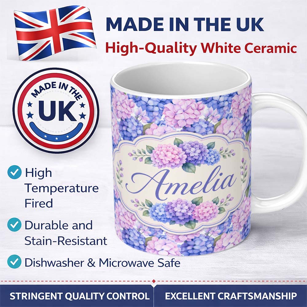 Personalized Custom Name Blue and Pink Hydrangea Blossom Seamless Pattern Cute Unique Gift 11oz Ceramic Coffee Tea Mug White Large Handle