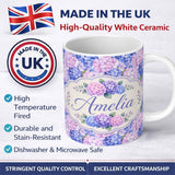 Personalized Custom Name Blue and Pink Hydrangea Blossom Seamless Pattern Cute Unique Gift 11oz Ceramic Coffee Tea Mug White Large Handle