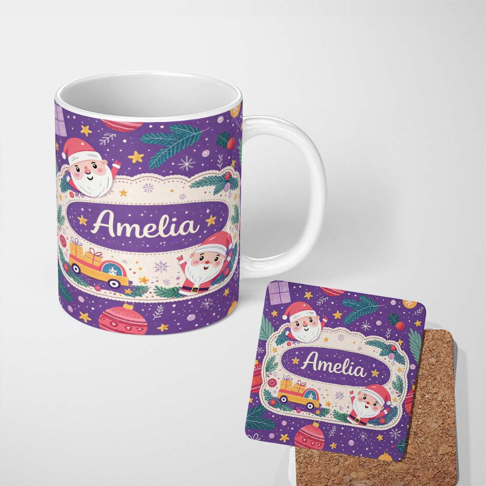 Personalized Custom Name Santa Sleigh Gifts Purple Christmas Festive Seamless Pattern Lovely 11oz Ceramic Coffee Tea Mug White Large Handle