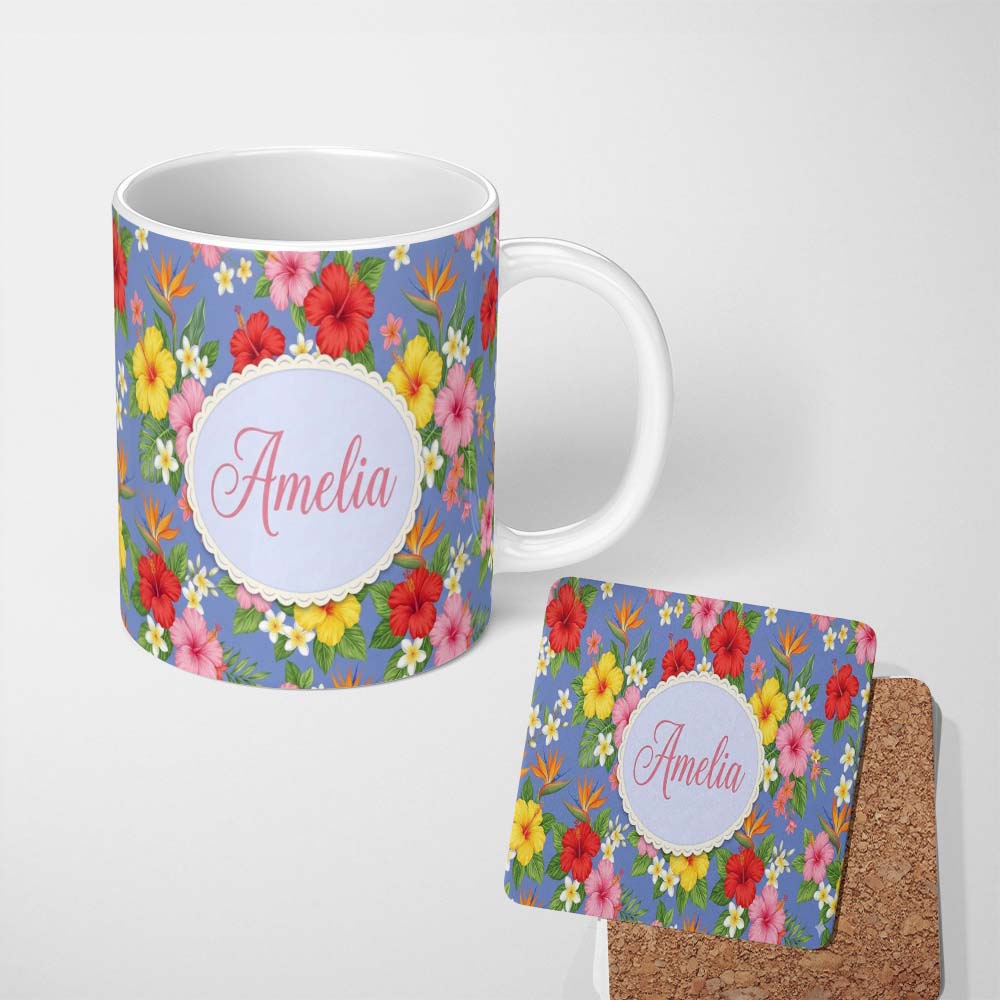 Personalized Custom Name Tropical Hibiscus Bird of Paradise Seamless Pattern Purple Lovely 11oz Ceramic Coffee Tea Mug White Large Handle