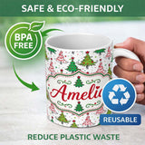 Personalized Custom Name Whimsical Christmas Trees with Red Green Patterns and Stars Seamless 11oz Ceramic Coffee Tea Mug White Large Handle