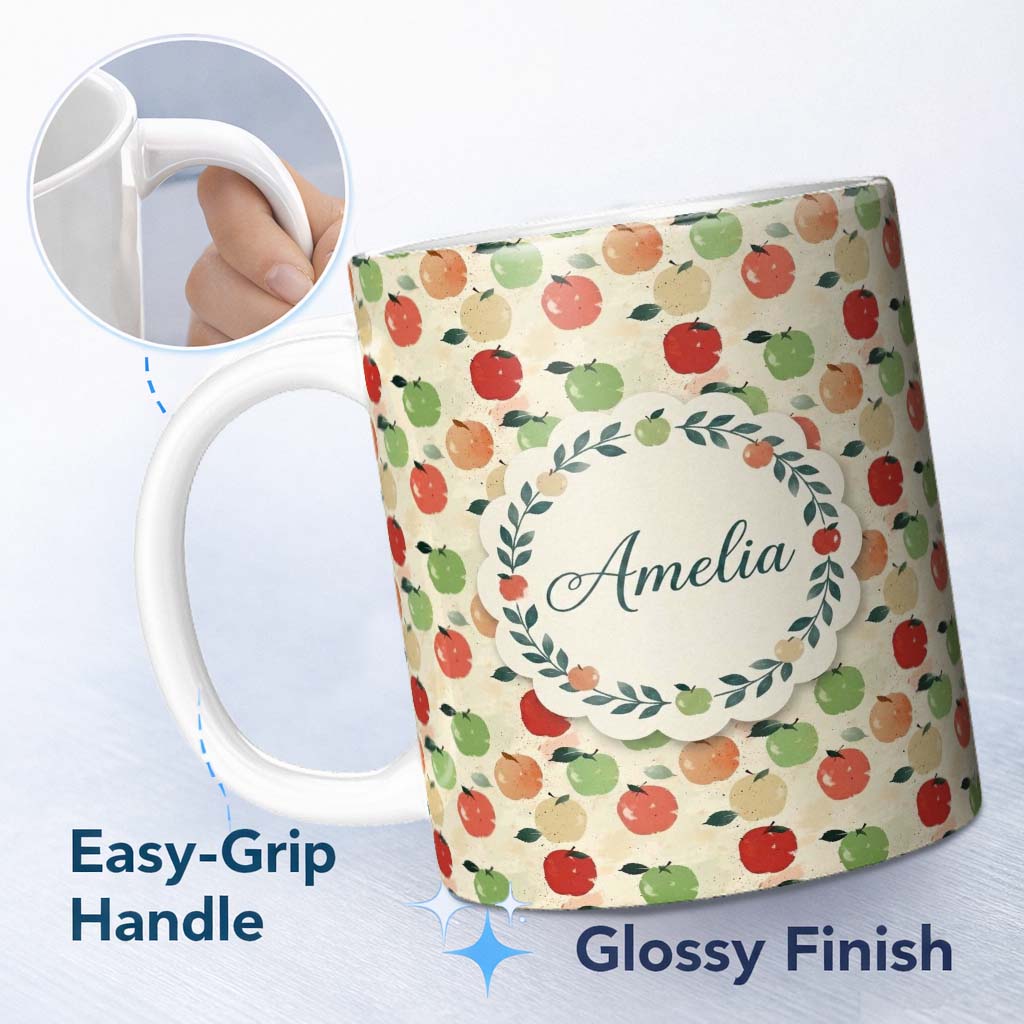 Personalized Custom Name Colorful Apples Fruit Pattern with Leaves Seamless Design Lovely 11oz Ceramic Coffee Tea Mug White Large Handle