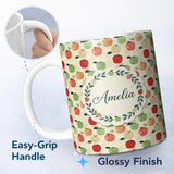 Personalized Custom Name Colorful Apples Fruit Pattern with Leaves Seamless Design Lovely 11oz Ceramic Coffee Tea Mug White Large Handle