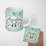 Personalized Custom Name Cute Panda Bear with Bamboo Leaves Floral Seamless Pattern Teal 11oz Ceramic Coffee Tea Mug White Large Handle