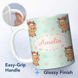Personalized Custom Name Cute Christmas Reindeer Cartoon Animal Pattern Perfect Gift for Her 11oz Ceramic Coffee Tea Mug White Large Handle