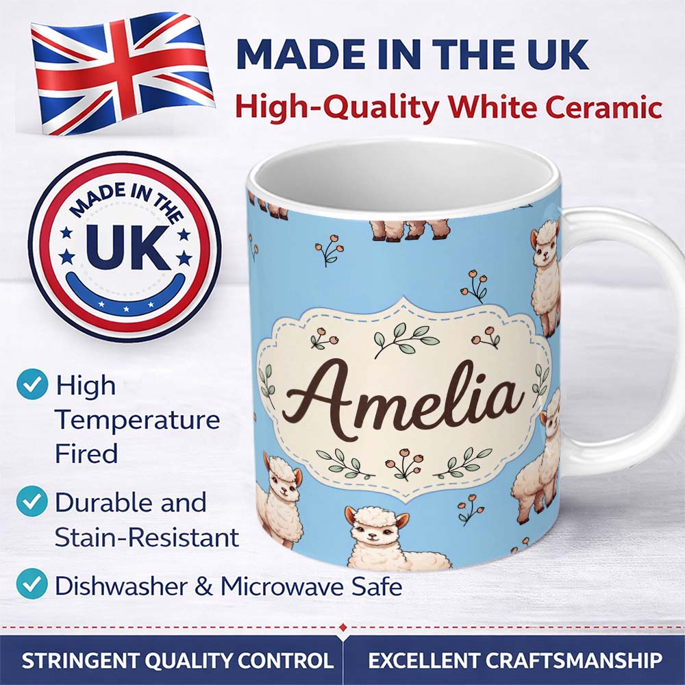 Personalized Custom Name Cute Alpaca Llama Farm Animals Floral Seamless Pattern Sky Blue 11oz Ceramic Coffee Tea Mug White Large Handle