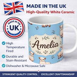 Personalized Custom Name Cute Alpaca Llama Farm Animals Floral Seamless Pattern Sky Blue 11oz Ceramic Coffee Tea Mug White Large Handle