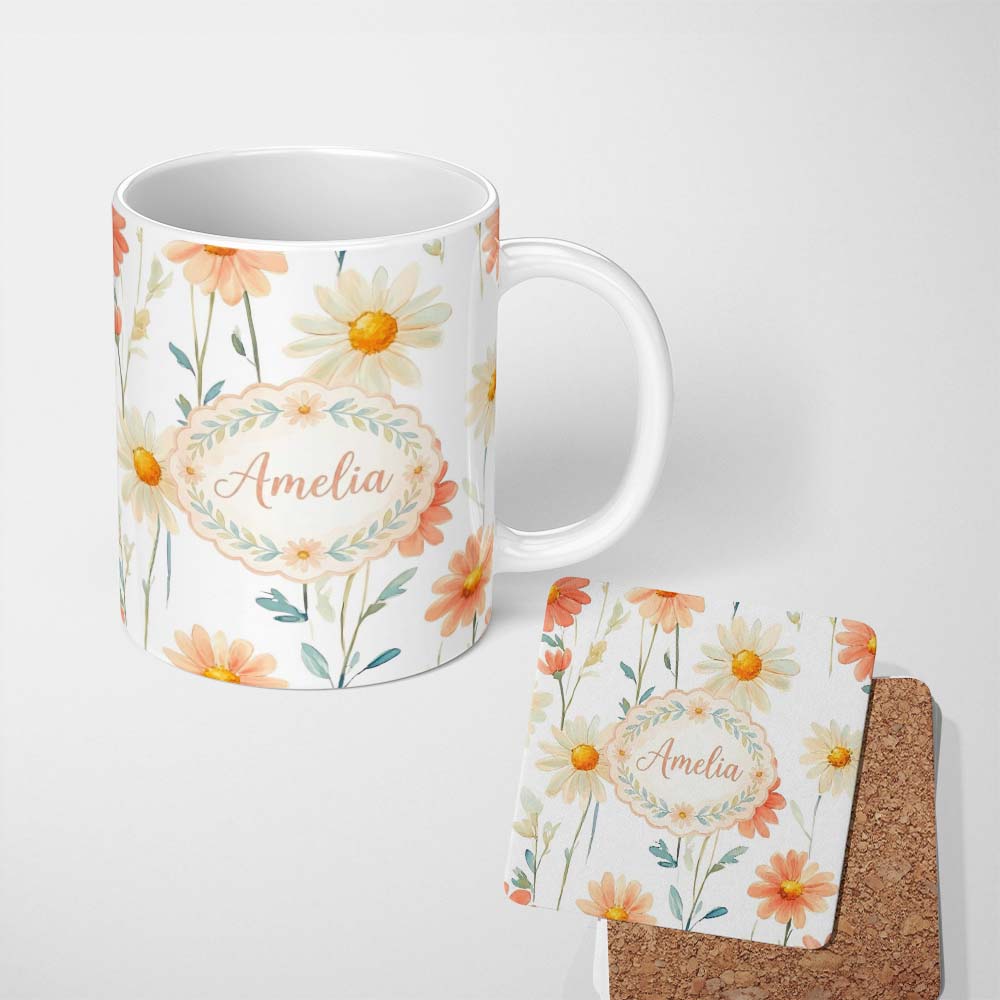 Personalized Custom Name Watercolor Peach Daisy Floral Seamless Pattern on White Background 11oz Ceramic Coffee Tea Mug White Large Handle