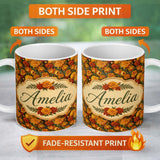 Personalized Custom Name Rich Orange Floral Garden Seamless Pattern on Dark Background Lovely 11oz Ceramic Coffee Tea Mug White Large Handle