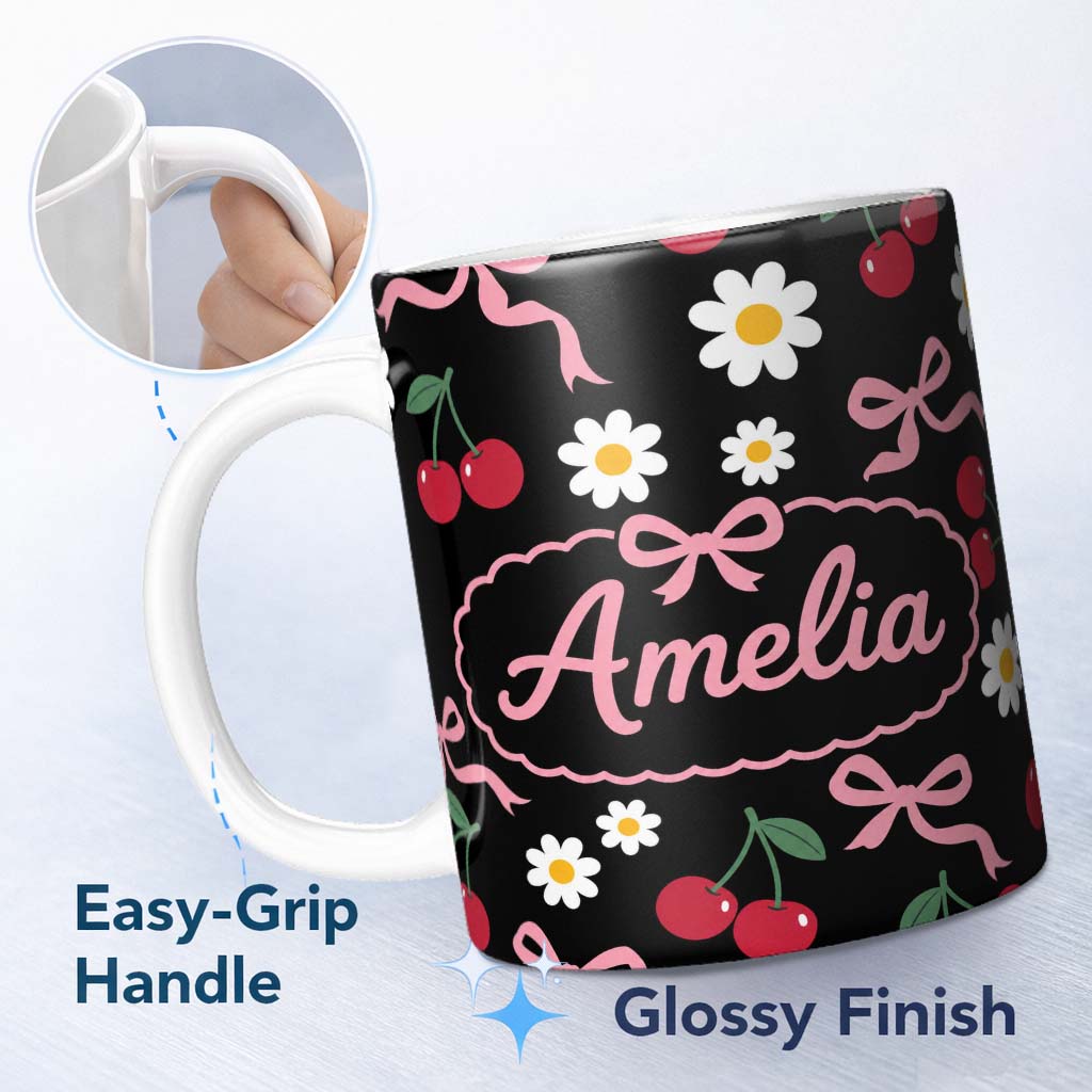 Personalized Custom Name Cute Cherry Bow and Daisy Seamless Pattern on White Grey Lovely 11oz Ceramic Coffee Tea Mug White Large Handle