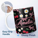 Personalized Custom Name Cute Cherry Bow and Daisy Seamless Pattern on White Grey Lovely 11oz Ceramic Coffee Tea Mug White Large Handle