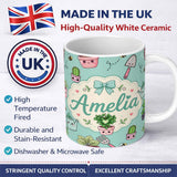 Personalized Custom Name Cute Kawaii Garden Tools Plants Bees Seamless Pattern Mint Lovely 11oz Ceramic Coffee Tea Mug White Large Handle