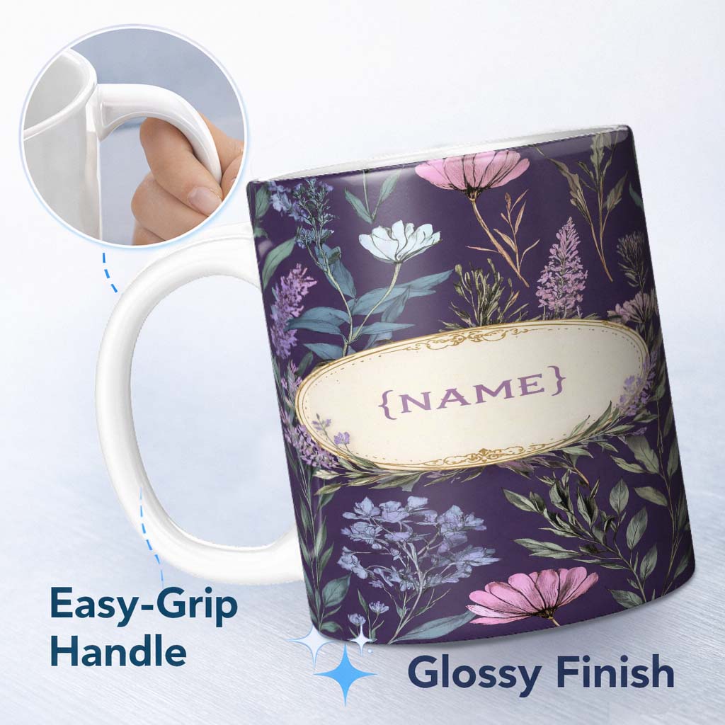 Personalized Custom Name Elegant Tropical Floral Leaves Blue Background Seamless Pattern 11oz Ceramic Coffee Tea Mug White Large Handle