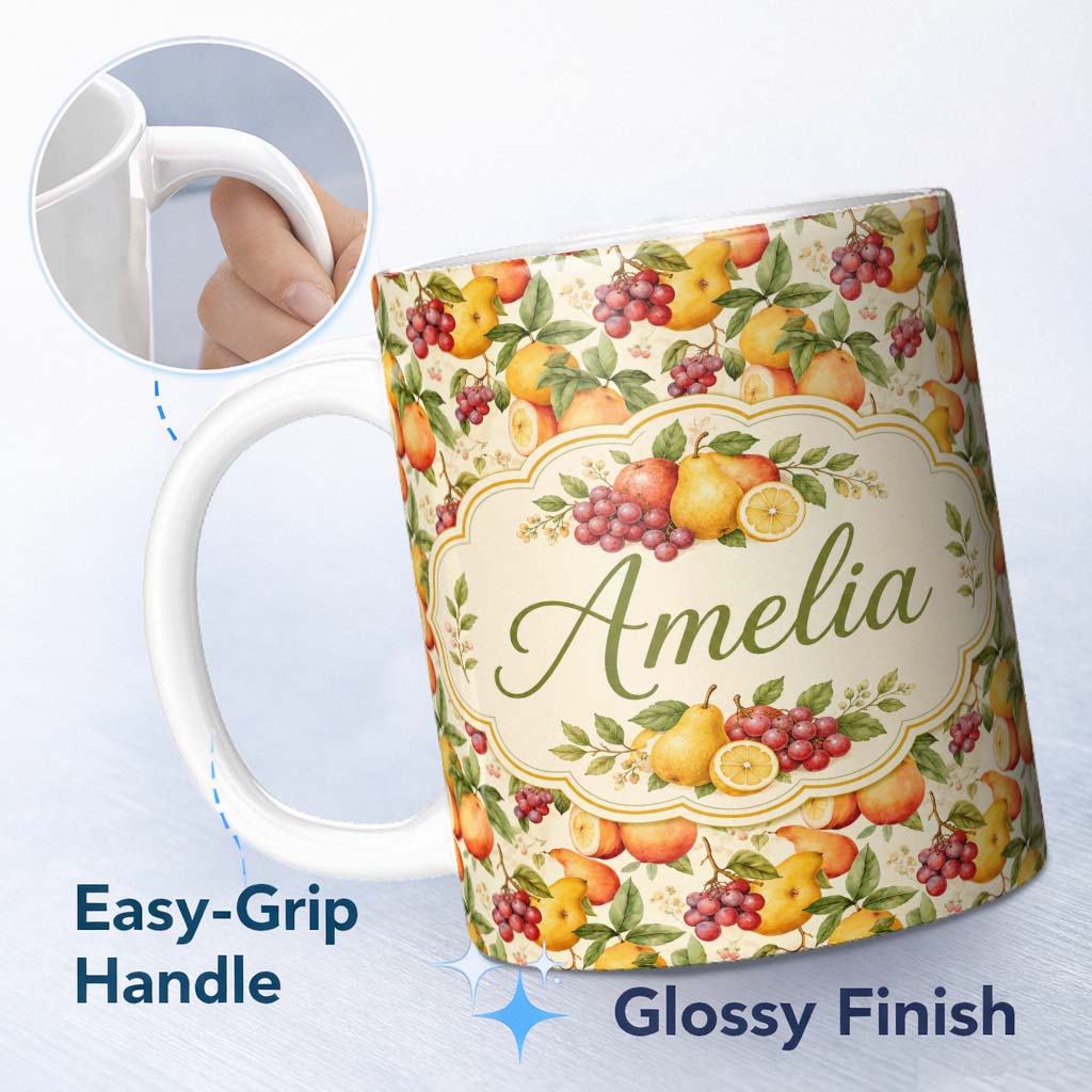 Personalized Custom Name Warm Vintage Pear and Berry Botanical Seamless Pattern Lovely 11oz Ceramic Coffee Tea Mug White Large Handle