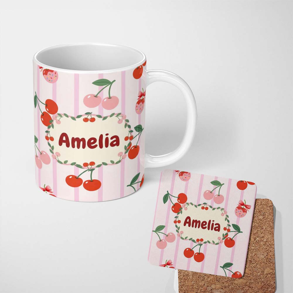 Personalized Custom Name Cute Cherry Fruit with Bow and Sprinkles Pattern Pink Stripe Lovely 11oz Ceramic Coffee Tea Mug White Large Handle