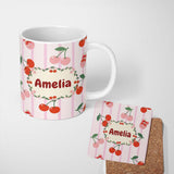 Personalized Custom Name Cute Cherry Fruit with Bow and Sprinkles Pattern Pink Stripe Lovely 11oz Ceramic Coffee Tea Mug White Large Handle