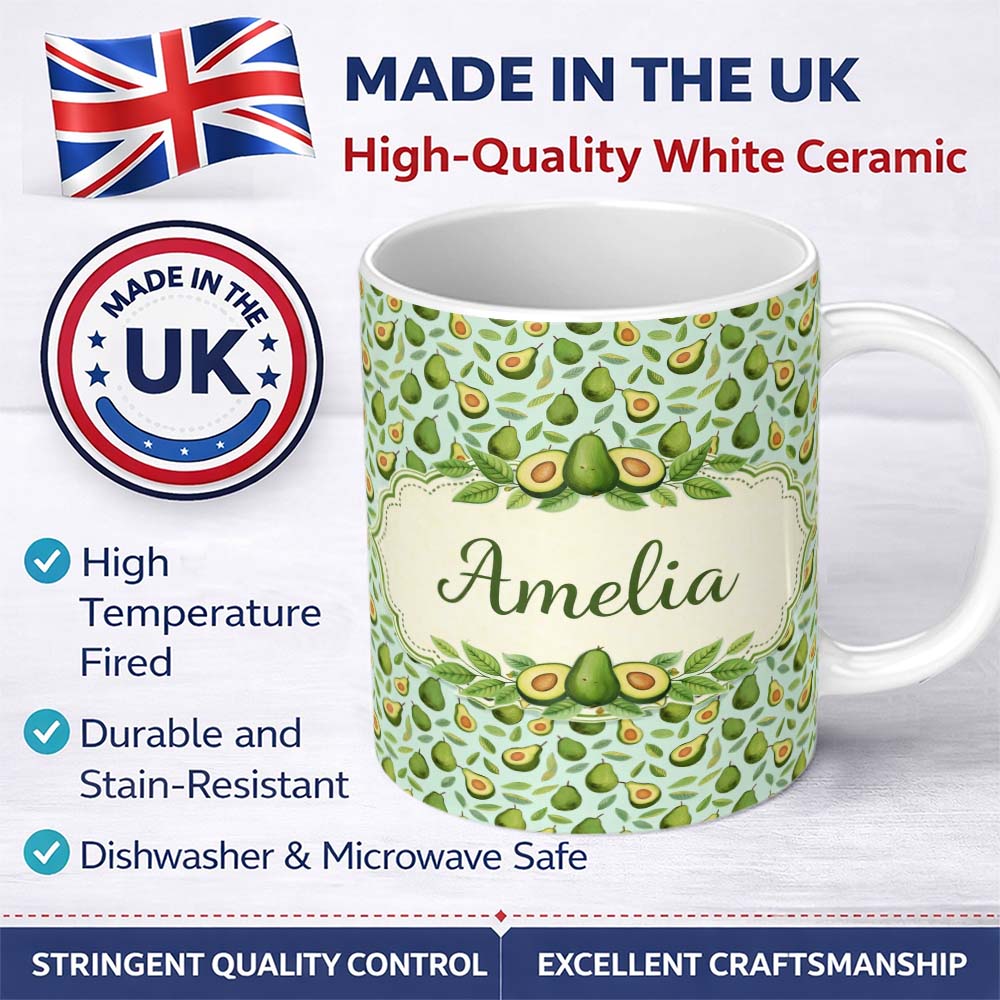 Personalized Custom Name Fresh Avocado Pear Leaf Seamless Pattern Soft Blue Background Lovely 11oz Ceramic Coffee Tea Mug White Large Handle