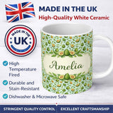 Personalized Custom Name Fresh Avocado Pear Leaf Seamless Pattern Soft Blue Background Lovely 11oz Ceramic Coffee Tea Mug White Large Handle