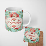 Personalized Custom Name Coral Protea Flowers on Teal Background Seamless Botanical Pattern 11oz Ceramic Coffee Tea Mug White Large Handle