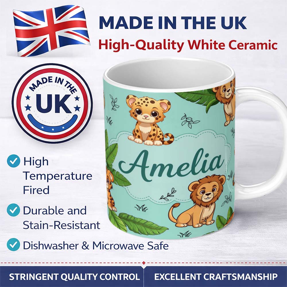 Personalized Custom Name Cute Jungle Animals Lion Tiger Leopard Teal Background Tropical 11oz Ceramic Coffee Tea Mug White Large Handle