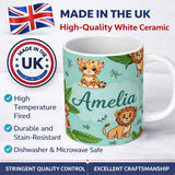 Personalized Custom Name Cute Jungle Animals Lion Tiger Leopard Teal Background Tropical 11oz Ceramic Coffee Tea Mug White Large Handle