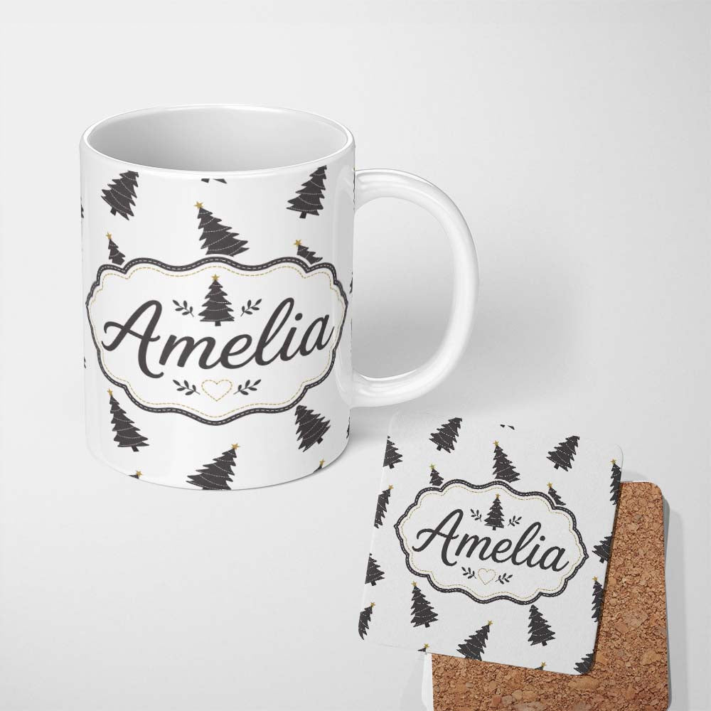 Personalized Custom Name Minimal Christmas Tree Pattern Grey Background Simple Holiday Lovely 11oz Ceramic Coffee Tea Mug White Large Handle