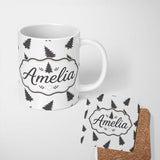 Personalized Custom Name Minimal Christmas Tree Pattern Grey Background Simple Holiday Lovely 11oz Ceramic Coffee Tea Mug White Large Handle