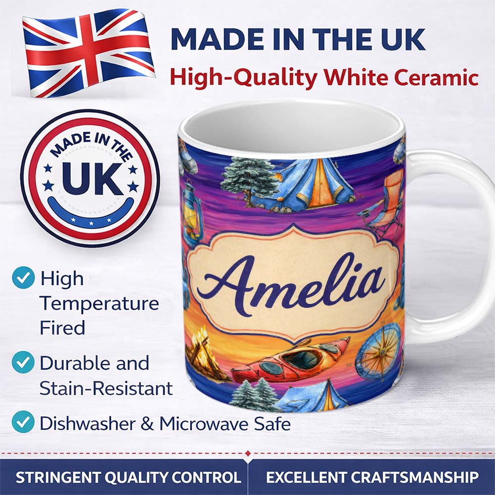 Personalized Custom Name Sunset Camping Outdoor Equipment Seamless Pattern Cute Unique Gift 11oz Ceramic Coffee Tea Mug White Large Handle