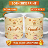 Personalized Custom Name Cute Autumn Scarecrow Pumpkin Birds Seamless Pattern Beige Lovely 11oz Ceramic Coffee Tea Mug White Large Handle