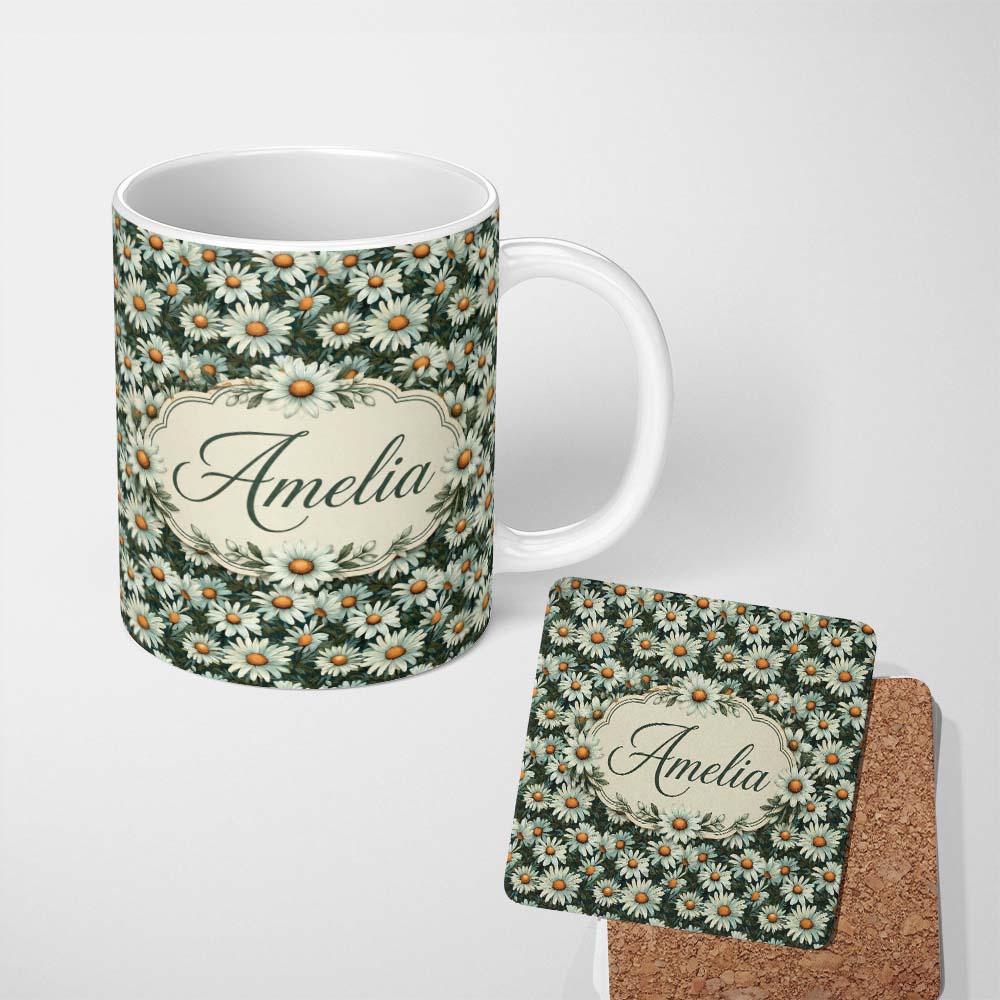 Personalized Custom Name Vintage Daisy Floral Seamless Pattern with White Flowers and Green 11oz Ceramic Coffee Tea Mug White Large Handle