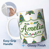Personalized Custom Name Bright Christmas Trees with Multicolor Ornaments and Stars Seamless 11oz Ceramic Coffee Tea Mug White Large Handle