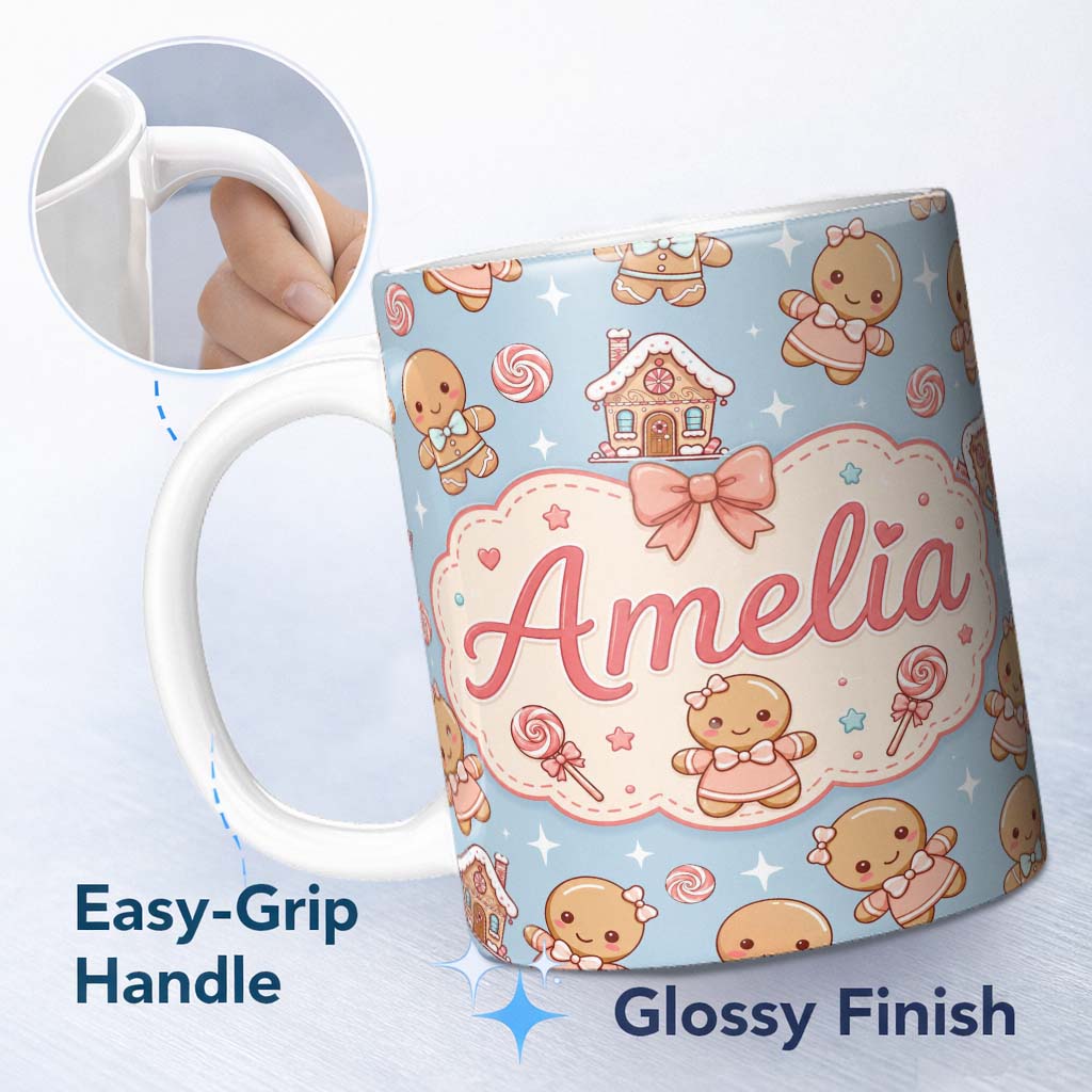 Personalized Custom Name Cute Christmas Gingerbread Candy House Gifts Seamless Pattern Blue 11oz Ceramic Coffee Tea Mug White Large Handle