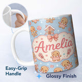 Personalized Custom Name Cute Christmas Gingerbread Candy House Gifts Seamless Pattern Blue 11oz Ceramic Coffee Tea Mug White Large Handle