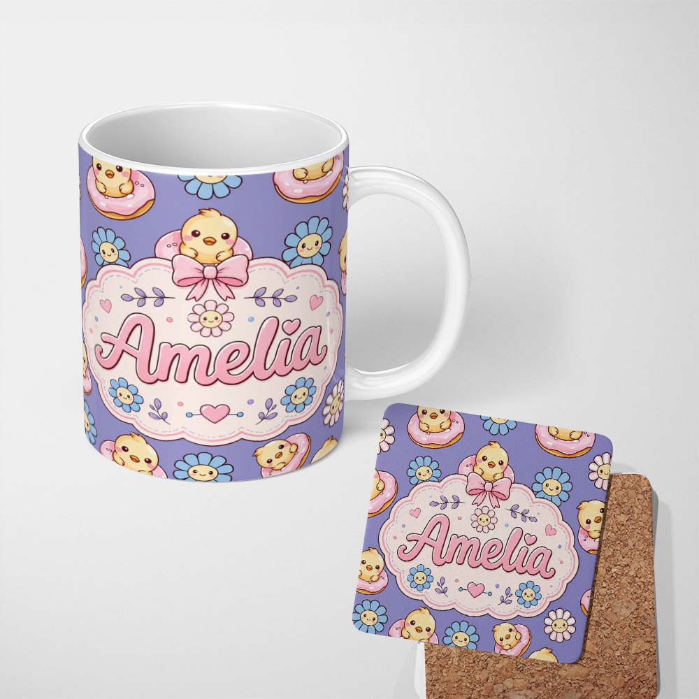 Personalized Custom Name Cute Baby Chick Donut Flowers Seamless Pattern Purple Background 11oz Ceramic Coffee Tea Mug White Large Handle