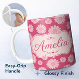 Personalized Custom Name White Daisy Floral Pattern on Bright Pink Background Seamless Lovely 11oz Ceramic Coffee Tea Mug White Large Handle