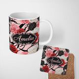 Personalized Custom Name Elegant Rose Floral with Black Red and White Flowers on Blush Pink 11oz Ceramic Coffee Tea Mug White Large Handle