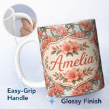 Personalized Custom Name Coral Branch Floral on Soft Blue Background Seamless Pattern Lovely 11oz Ceramic Coffee Tea Mug White Large Handle