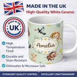 Personalized Custom Name Jungle Animals Lion Meerkat Toucan Boar on Sage Green Seamless 11oz Ceramic Coffee Tea Mug White Large Handle