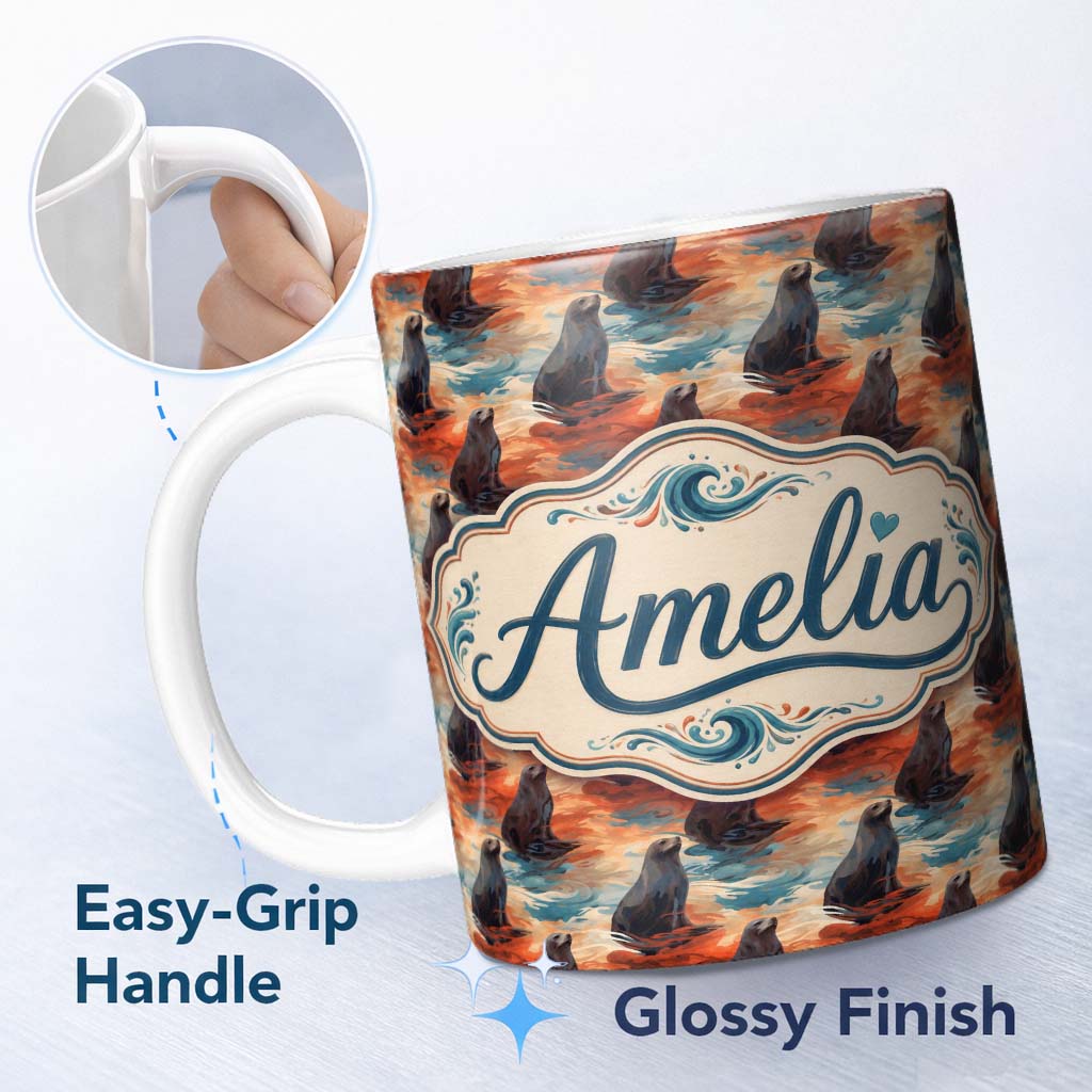 Personalized Custom Name Bright Blue Ocean Seal Swimming Waves Artistic Seamless Pattern 11oz Ceramic Coffee Tea Mug White Large Handle