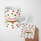 Personalized Custom Name Red and Green Polka Dots with Gold Splatter Seamless Pattern Lovely 11oz Ceramic Coffee Tea Mug White Large Handle