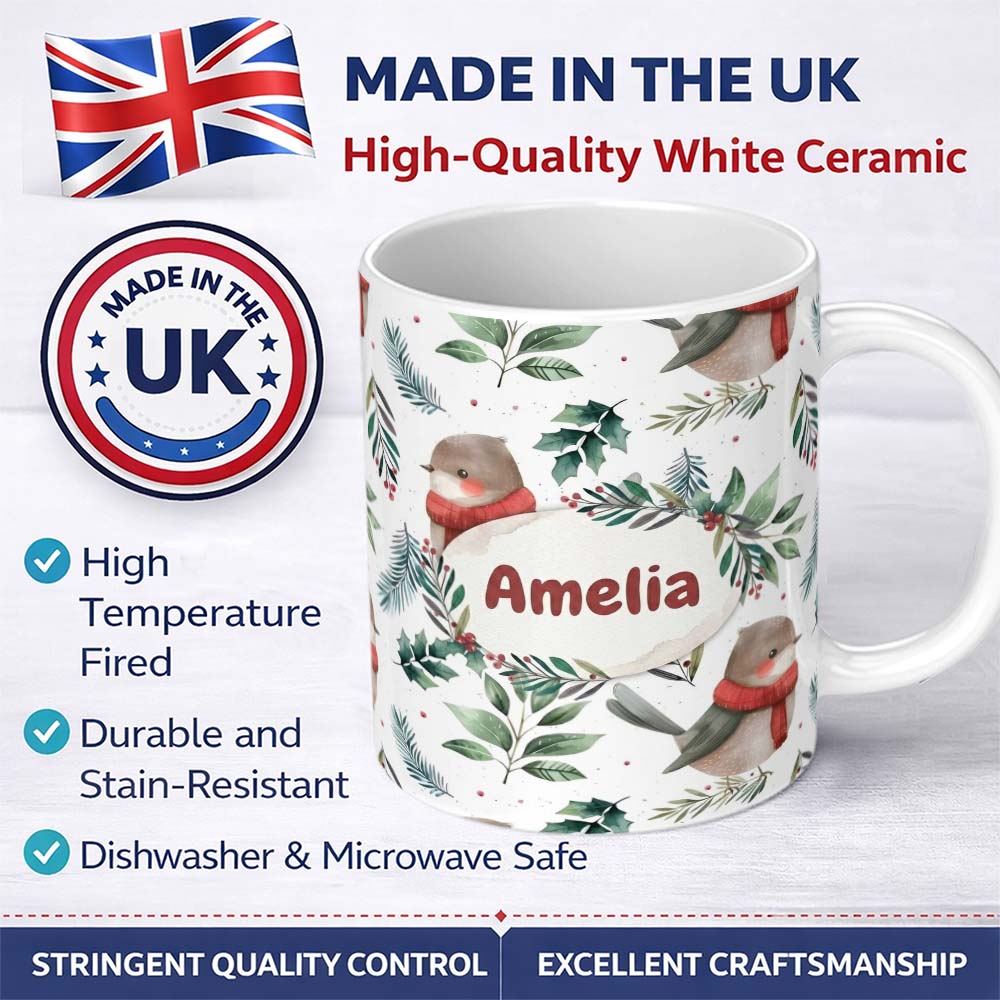 Personalized Custom Name Cute Winter Birds with Scarf and Botanical Leaves Seamless Pattern 11oz Ceramic Coffee Tea Mug White Large Handle