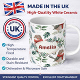 Personalized Custom Name Cute Winter Birds with Scarf and Botanical Leaves Seamless Pattern 11oz Ceramic Coffee Tea Mug White Large Handle