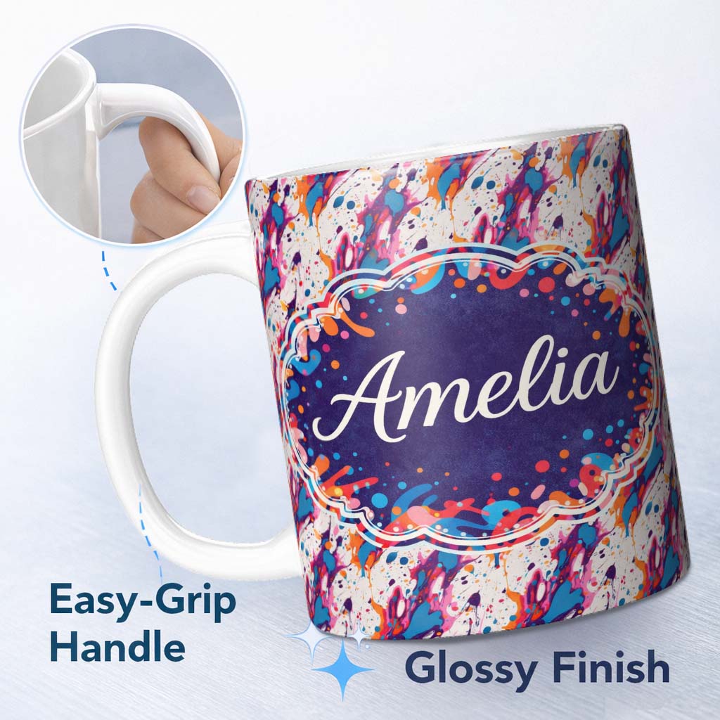 Personalized Custom Name Dynamic Paint Splatter White Background Abstract Pattern Lovely 11oz Ceramic Coffee Tea Mug White Large Handle