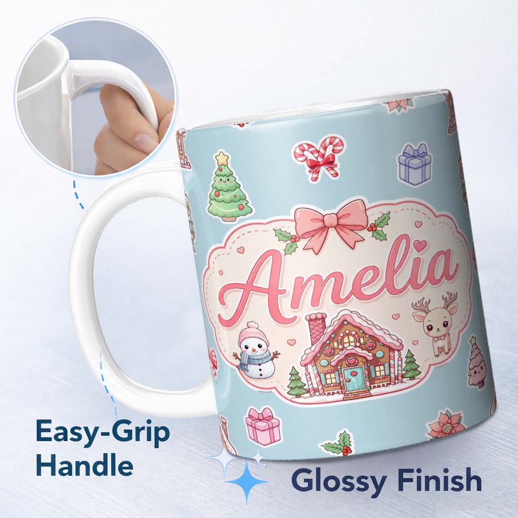 Personalized Custom Name Cute Christmas Festive Stickers Snowman Tree House Pattern Blue 11oz Ceramic Coffee Tea Mug White Large Handle