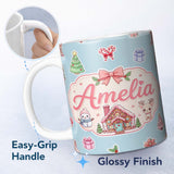 Personalized Custom Name Cute Christmas Festive Stickers Snowman Tree House Pattern Blue 11oz Ceramic Coffee Tea Mug White Large Handle