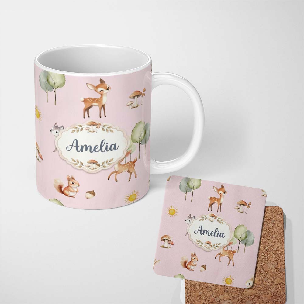 Personalized Custom Name Woodland Deer Fox Squirrel Trees Mushrooms Sun Soft Pink Seamless 11oz Ceramic Coffee Tea Mug White Large Handle