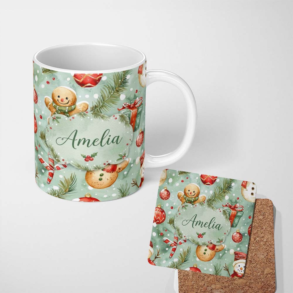 Personalized Custom Name Cute Gingerbread Snowman Candy Cane Gift Holiday Seamless Pattern 11oz Ceramic Coffee Tea Mug White Large Handle