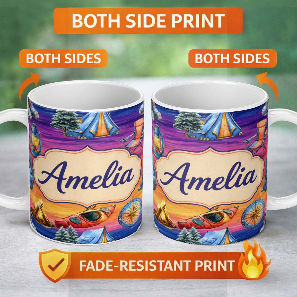 Personalized Custom Name Sunset Camping Outdoor Equipment Seamless Pattern Cute Unique Gift 11oz Ceramic Coffee Tea Mug White Large Handle