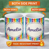 Personalized Custom Name Rainbow Watercolor Drip Vertical Stripes Seamless Pattern Lovely 11oz Ceramic Coffee Tea Mug White Large Handle