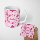 Personalized Custom Name Pink Christmas Tree Snowflake Star Seamless Pattern Cute Unique Gift 11oz Ceramic Coffee Tea Mug White Large Handle
